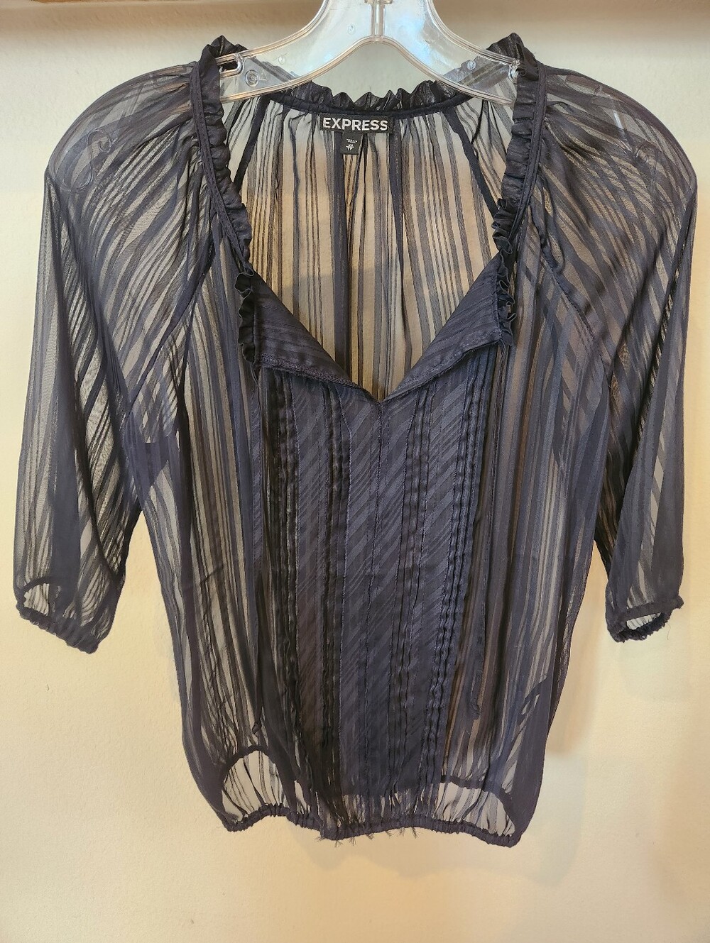 Express Shimmering And Sheer Navy  Ruffle-Trim V-Neck Blouse